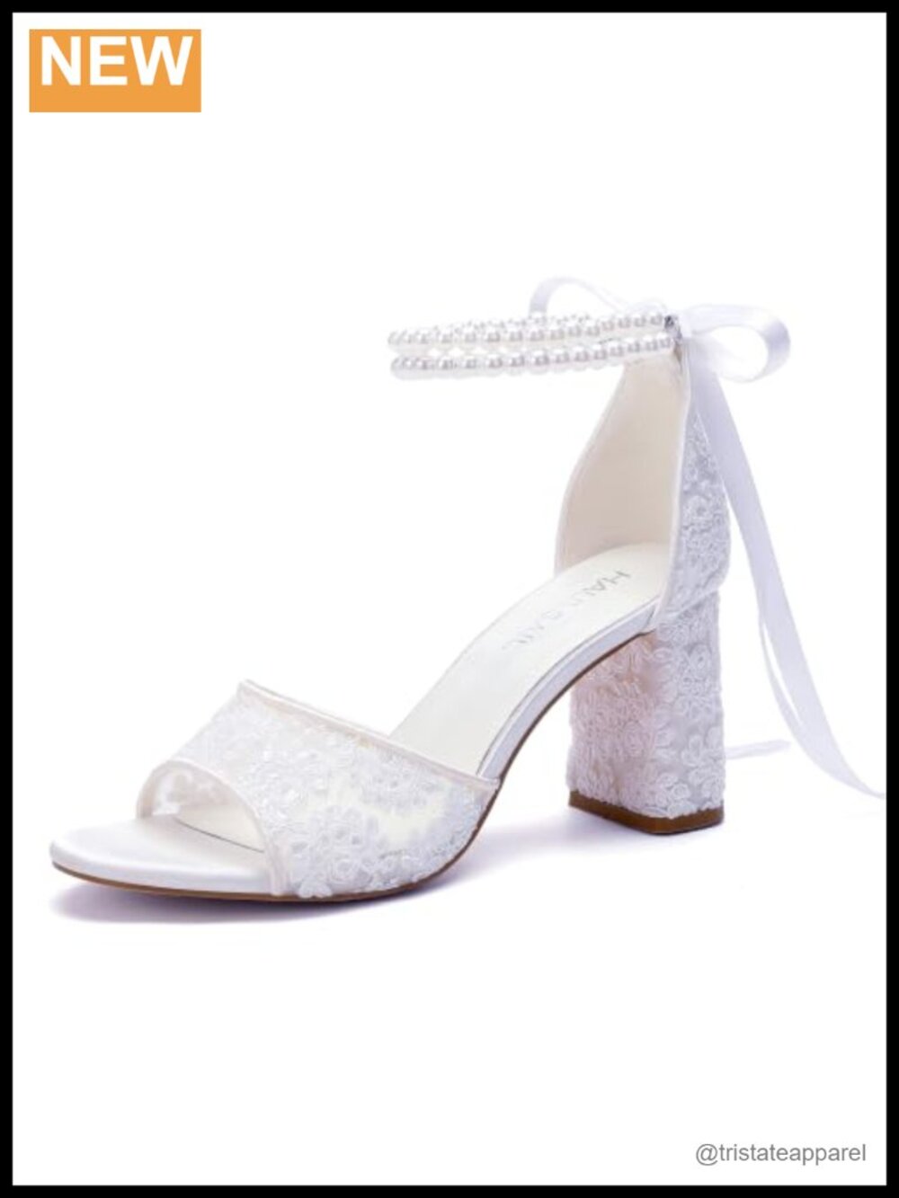 Lace Bridal Sandals Pearl Ankle Strap Satin Ribbon Block Heel Open Toe